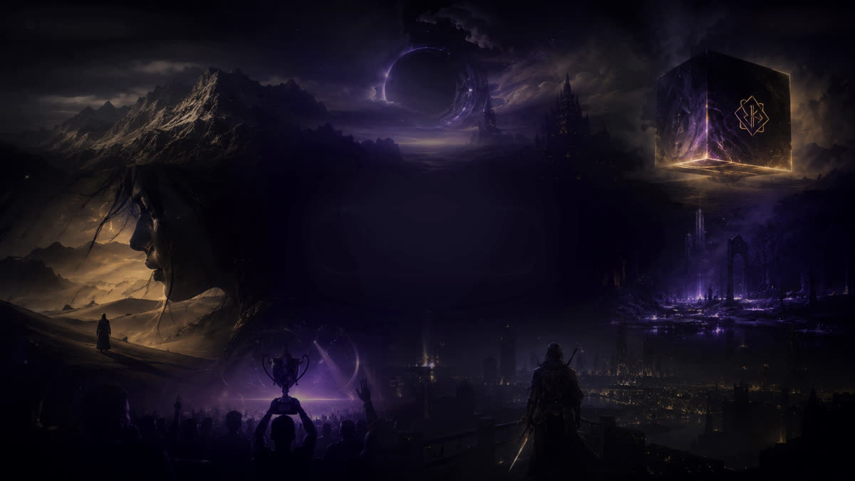 A dark valley of spires and ruined cities under a violet eclipse, a lone figure on the ridge, a gold-edged cube hanging above the far peaks.