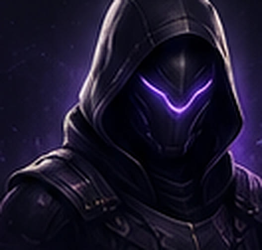 A hooded figure in dark armour, the visor of the mask lit violet.
